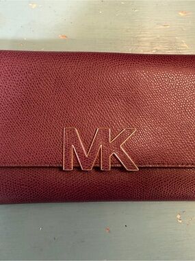 Michael Kors Plum Pebble-Leather MK Logo Flap Wallet